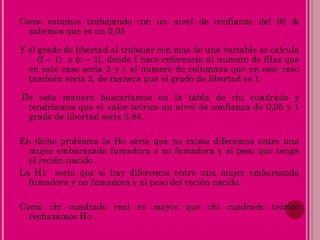 Como estamos trabajando con un nivel de confianza del 95 &
sabemos que es un 0,05
Y el grado de libertad al trabajar con mas de una variable se calcula
: (f – 1) x (c – 1), donde f hace referencia al numero de filas que
en este caso seria 2 y c al numero de columnas que en este caso
también seria 2, de manera que el grado de libertad es 1.
De esta manera buscaríamos en la tabla de chi cuadrado y
tendríamos que el valor teórico un nivel de confianza de 0,05 y 1
grado de libertad seria 3,84.
En dicho problema la Ho seria que no existe diferencia entre una
mujer embarazada fumadora o no fumadora y el peso que tenga
el recién nacido.
La H1 seria que si hay diferencia entre una mujer embarazada
fumadora y no fumadora y el peso del recién nacido.
Como chi cuadrado real es mayor que chi cuadrado teórico
rechazamos Ho .
 