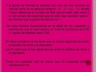 Y el grado de libertad al trabajar con mas de una variable se
calcula como en el ejercicio anterior: (f – 1) x (c – 1), donde
f hace referencia al numero de filas que en este caso seria 2
y c al numero de columnas que en este caso también seria 2,
de manera que el grado de libertad es 1.
De esta manera buscaríamos en la tabla de chi cuadrado y
tendríamos que el valor teórico un nivel de confianza de 0,05
y 1 grado de libertad seria 3,84.
En dicho problema la Ho seria que no existe dependencia entre
la práctica de tenis y la depresión.
La H1 seria que si hay dependencia entre la práctica de tenis y
la depresión.
Como chi cuadrado real es mayor que chi cuadrado teórico
rechazamos Ho .
 