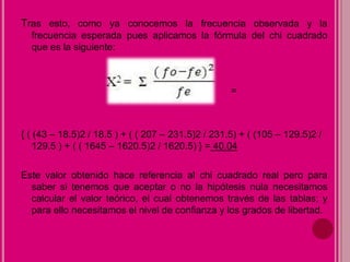 Tras esto, como ya conocemos la frecuencia observada y la
frecuencia esperada pues aplicamos la fórmula del chi cuadrado
que es la siguiente:
=
{ ( (43 – 18.5)2 / 18.5 ) + ( ( 207 – 231.5)2 / 231.5) + ( (105 – 129.5)2 /
129.5 ) + ( ( 1645 – 1620.5)2 / 1620.5) } = 40.04
Este valor obtenido hace referencia al chi cuadrado real pero para
saber si tenemos que aceptar o no la hipótesis nula necesitamos
calcular el valor teórico, el cual obtenemos través de las tablas; y
para ello necesitamos el nivel de confianza y los grados de libertad.
 