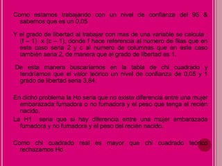 Como estamos trabajando con un nivel de confianza del 95 &
sabemos que es un 0,05
Y el grado de libertad al trabajar con mas de una variable se calcula :
(f – 1) x (c – 1), donde f hace referencia al numero de filas que en
este caso seria 2 y c al numero de columnas que en este caso
también seria 2, de manera que el grado de libertad es 1.
De esta manera buscaríamos en la tabla de chi cuadrado y
tendríamos que el valor teórico un nivel de confianza de 0,05 y 1
grado de libertad seria 3,84.
En dicho problema la Ho seria que no existe diferencia entre una mujer
embarazada fumadora o no fumadora y el peso que tenga el recién
nacido.
La H1 seria que si hay diferencia entre una mujer embarazada
fumadora y no fumadora y el peso del recién nacido.
Como chi cuadrado real es mayor que chi cuadrado teórico
rechazamos Ho .
 