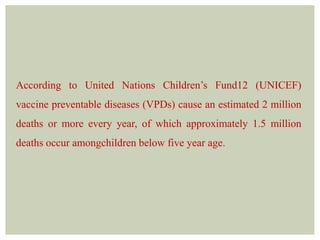 According to United Nations Children’s Fund12 (UNICEF)
vaccine preventable diseases (VPDs) cause an estimated 2 million
deaths or more every year, of which approximately 1.5 million
deaths occur amongchildren below five year age.
 
