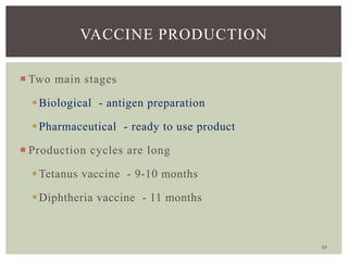85
VACCINE PRODUCTION
 Two main stages
Biological - antigen preparation
Pharmaceutical - ready to use product
 Production cycles are long
Tetanus vaccine - 9-10 months
Diphtheria vaccine - 11 months
 