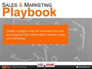 SALES & MARKETING
Playbook
 Create a program that will eliminate the silos
 and supports the collaboration between sales
 and marketing.




     ©2012 The Marx Group     18
 