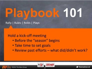 Playbook 101
Rally | Rules | Roles | Plays



 Hold a kick-off meeting
   • Before the “season” begins
   • Take time to set goals
   • Review past efforts – what did/didn’t work?


     ©2012 The Marx Group       19
 