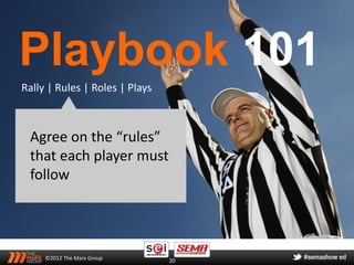 Playbook 101
Rally | Rules | Roles | Plays



 Agree on the “rules”
 that each player must
 follow




     ©2012 The Marx Group       20
 