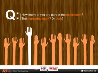 Q:          How many of you are part of the sales team?
            The marketing team? Or both?




                        ©2012 The Marx Group
 ©2012 The Marx Group                   3
 