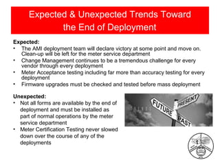 Expected & Unexpected Trends Toward
the End of Deployment
Expected:
• The AMI deployment team will declare victory at some point and move on.
Clean-up will be left for the meter service department
• Change Management continues to be a tremendous challenge for every
vendor through every deployment
• Meter Acceptance testing including far more than accuracy testing for every
deployment
• Firmware upgrades must be checked and tested before mass deployment
Unexpected:
• Not all forms are available by the end of
deployment and must be installed as
part of normal operations by the meter
service department
• Meter Certification Testing never slowed
down over the course of any of the
deployments

 