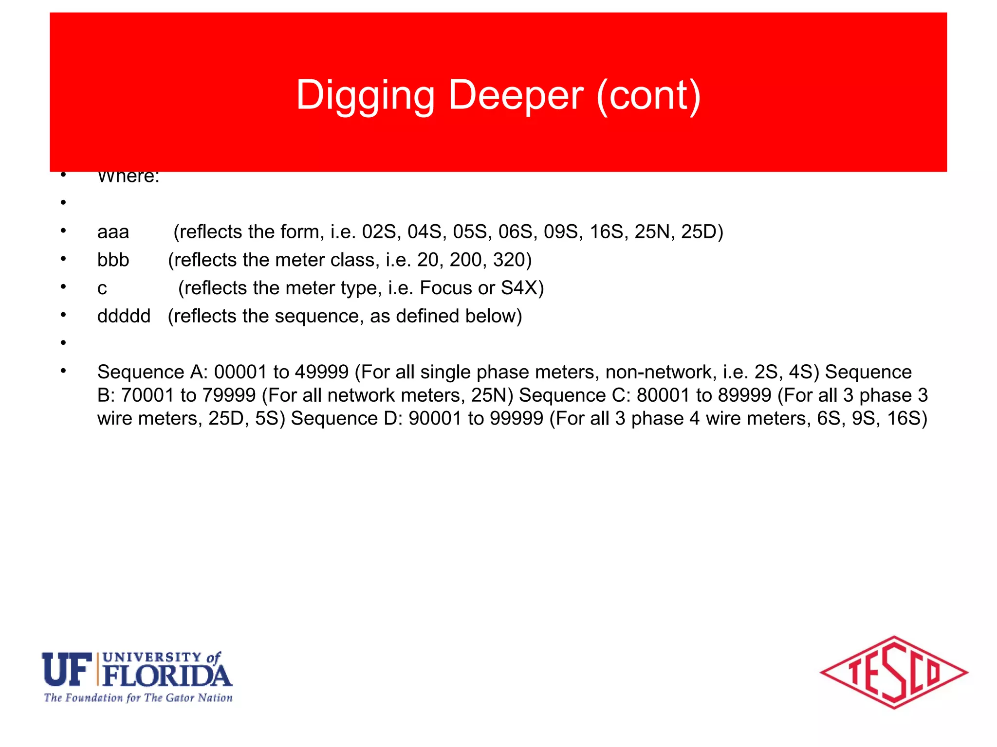 • Where:
•
• aaa (reflects the form, i.e. 02S, 04S, 05S, 06S, 09S, 16S, 25N, 25D)
• bbb (reflects the meter class, i.e. 20, 200, 320)
• c (reflects the meter type, i.e. Focus or S4X)
• ddddd (reflects the sequence, as defined below)
•
• Sequence A: 00001 to 49999 (For all single phase meters, non-network, i.e. 2S, 4S) Sequence
B: 70001 to 79999 (For all network meters, 25N) Sequence C: 80001 to 89999 (For all 3 phase 3
wire meters, 25D, 5S) Sequence D: 90001 to 99999 (For all 3 phase 4 wire meters, 6S, 9S, 16S)
Digging Deeper (cont)
 