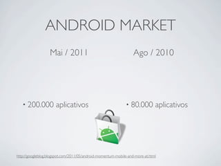 ANDROID MARKET
                   Mai / 2011                                     Ago / 2010




   • 200.000          aplicativos                             • 80.000        aplicativos




http://googleblog.blogspot.com/2011/05/android-momentum-mobile-and-more-at.html
 