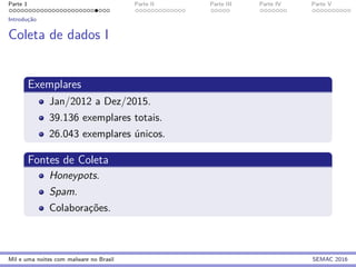 Parte 1 Parte II Parte III Parte IV Parte V
Introduc¸˜ao
Coleta de dados I
Exemplares
Jan/2012 a Dez/2015.
39.136 exemplares totais.
26.043 exemplares ´unicos.
Fontes de Coleta
Honeypots.
Spam.
Colaborac¸˜oes.
Mil e uma noites com malware no Brasil SEMAC 2016
 