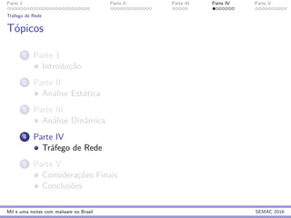 Parte 1 Parte II Parte III Parte IV Parte V
Tr´afego de Rede
T´opicos
1 Parte 1
Introduc¸˜ao
2 Parte II
An´alise Est´atica
3 Parte III
An´alise Dinˆamica
4 Parte IV
Tr´afego de Rede
5 Parte V
Considerac¸˜oes Finais
Conclus˜oes
Mil e uma noites com malware no Brasil SEMAC 2016
 