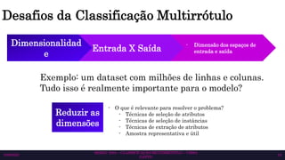 Entrada X Saída
Desafios da Classificação Multirrótulo
SEMAC 2023 – CLASSIFICAÇÃO MULTIRRÓTULO – CISSA
GATTO
10/6/2023 12
Dimensionalidad
e
- Dimensão dos espaços de
entrada e saída
Exemplo: um dataset com milhões de linhas e colunas.
Tudo isso é realmente importante para o modelo?
Reduzir as
dimensões
- O que é relevante para resolver o problema?
- Técnicas de seleção de atributos
- Técnicas de seleção de instâncias
- Técnicas de extração de atributos
- Amostra representativa e útil
 