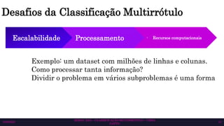Processamento
Desafios da Classificação Multirrótulo
SEMAC 2023 – CLASSIFICAÇÃO MULTIRRÓTULO – CISSA
GATTO
10/6/2023 13
Escalabilidade
Exemplo: um dataset com milhões de linhas e colunas.
Como processar tanta informação?
Dividir o problema em vários subproblemas é uma forma
- Recursos computacionais
 
