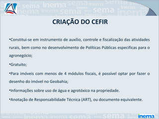 CRIAÇÃO DO CEFIR

•Constitui-se em instrumento de auxílio, controle e fiscalização das atividades
rurais, bem como no desenvolvimento de Políticas Públicas especificas para o
agronegócio;
•Gratuito;

•Para imóveis com menos de 4 módulos fiscais, é possível optar por fazer o
desenho do imóvel no Geobahia;
•Informações sobre uso de água e agrotóxico na propriedade.

•Anotação de Responsabilidade Técnica (ART), ou documento equivalente.
 