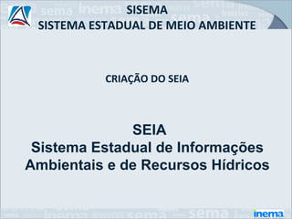SISEMA
 SISTEMA ESTADUAL DE MEIO AMBIENTE



           CRIAÇÃO DO SEIA



              SEIA
 Sistema Estadual de Informações
Ambientais e de Recursos Hídricos
 