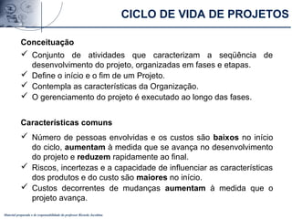 Material preparado e de responsabilidade do professor Ricardo Jacobina
Conceituação
 Conjunto de atividades que caracterizam a seqüência de
desenvolvimento do projeto, organizadas em fases e etapas.
 Define o início e o fim de um Projeto.
 Contempla as características da Organização.
 O gerenciamento do projeto é executado ao longo das fases.
Características comuns
 Número de pessoas envolvidas e os custos são baixos no início
do ciclo, aumentam à medida que se avança no desenvolvimento
do projeto e reduzem rapidamente ao final.
 Riscos, incertezas e a capacidade de influenciar as características
dos produtos e do custo são maiores no início.
 Custos decorrentes de mudanças aumentam à medida que o
projeto avança.
CICLO DE VIDA DE PROJETOS
 