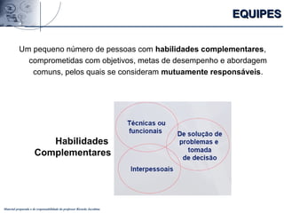 Material preparado e de responsabilidade do professor Ricardo Jacobina
Um pequeno número de pessoas com habilidades complementares,
comprometidas com objetivos, metas de desempenho e abordagem
comuns, pelos quais se consideram mutuamente responsáveis.
EQUIPESEQUIPES
Habilidades
Complementares
 