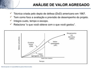 Material preparado e de responsabilidade do professor Ricardo Jacobina
ANÁLISE DE VALOR AGREGADOANÁLISE DE VALOR AGREGADO
 Técnica criada pelo depto de defesa (DoD) americano em 1967.
 Tem como foco a avaliação e previsão de desempenho do projeto.
 Integra custo, tempo e escopo.
 Relaciona “o que você obteve com o que você gastou”.
 