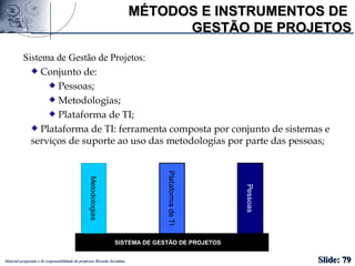 Material preparado e de responsabilidade do professor Ricardo Jacobina
MÉTODOS E INSTRUMENTOS DEMÉTODOS E INSTRUMENTOS DE
GESTÃO DE PROJETOSGESTÃO DE PROJETOS
Sistema de Gestão de Projetos:
Conjunto de:
Pessoas;
Metodologias;
Plataforma de TI;
Plataforma de TI: ferramenta composta por conjunto de sistemas e
serviços de suporte ao uso das metodologias por parte das pessoas;
Slide:Slide: 7979
SISTEMA DE GESTÃO DE PROJETOS
Metodologias
PlataformadeTI
Pessoas
 