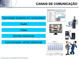 Material preparado e de responsabilidade do professor Ricardo Jacobina
CANAIS DE COMUNICAÇÃOCANAIS DE COMUNICAÇÃO
Tecnologia baseada em computadorTecnologia baseada em computador
ÁudioÁudio
VídeoVídeo
Escrita tradicionalEscrita tradicional
Comunicação verbal tradicionalComunicação verbal tradicional
 