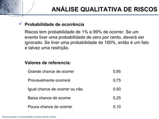 Material preparado e de responsabilidade do professor Ricardo Jacobina
 Probabilidade de ocorrência
Riscos tem probabilidade de 1% a 99% de ocorrer. Se um
evento tiver uma probabilidade de zero por cento, deverá ser
ignorado. Se tiver uma probabilidade de 100%, então é um fato
e talvez uma restrição.
Valores de referencia:
Grande chance de ocorrer 0,95
Provavelmente ocorrerá 0,75
Igual chance de ocorrer ou não 0,50
Baixa chance de ocorrer 0,25
Pouca chance de ocorrer 0,10
ANÁLISE QUALITATIVA DE RISCOS
 