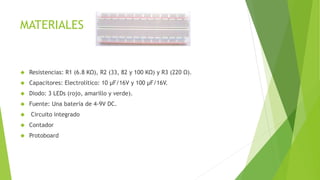 MATERIALES 
 Resistencias: R1 (6.8 KΩ), R2 (33, 82 y 100 KΩ) y R3 (220 Ω). 
 Capacitores: Electrolítico: 10 μF/16V y 100 μF/16V. 
 Diodo: 3 LEDs (rojo, amarillo y verde). 
 Fuente: Una batería de 4-9V DC. 
 Circuito integrado 
 Contador 
 Protoboard 
 