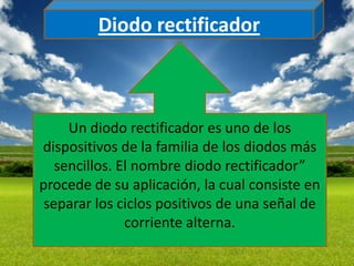 Diodo rectificador



     Un diodo rectificador es uno de los
dispositivos de la familia de los diodos más
   sencillos. El nombre diodo rectificador”
procede de su aplicación, la cual consiste en
 separar los ciclos positivos de una señal de
               corriente alterna.
 