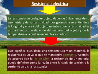 Resistencia eléctrica


La resistencia de cualquier objeto depende únicamente de su
geometría y de su resistividad, por geometría se entiende a
la longitud y el área del objeto mientras que la resistividad es
un parámetro que depende del material del objeto y de la
temperatura a la cual se encuentra sometido.




Esto significa que, dada una temperatura y un material, la
resistencia es un valor que se mantendrá constante. Además,
de acuerdo con la ley de Ohm la resistencia de un material
puede definirse como la razón entre la caída de tensión y la
corriente en dicha resistencia
 