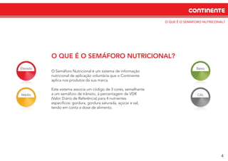 O QUE É O SEMÁFORO NUTRICONAL?
CONTINENTE
O QUE É O SEMÁFORO NUTRICIONAL?
O Semáforo Nutricional é um sistema de informação
nutricional de aplicação voluntária que o Continente
aplica nos produtos da sua marca.
Este sistema associa um código de 3 cores, semelhante
a um semáforo de trânsito, à percentagem de VDR
(Valor Diário de Referência) para 4 nutrientes
especíﬁcos: gordura, gordura saturada, açúcar e sal,
tendo em conta a dose de alimento.
4
 