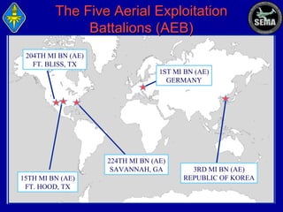 The Five Aerial Exploitation
Battalions (AEB)
204TH MI BN (AE)
FT. BLISS, TX

1ST MI BN (AE)
GERMANY

224TH MI BN (AE)
SAVANNAH, GA
15TH MI BN (AE)
FT. HOOD, TX

3RD MI BN (AE)
REPUBLIC OF KOREA

 