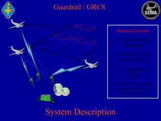 Guardrail / GRCS
XX

Theater Level Asset
XX
X

XX

XX

XX

XX
X

X

“EYES AND EARS”
Deep Battle
COMINT / ELINT
Emitter Targets

XX

X

X

XX
X

No “On-Board”
Operators
TCDL’s

Collection / Reporting
Mission Operations
Facility (MOF)

System Description

 