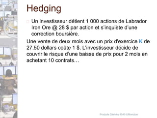 Hedging 
 Un investisseur détient 1 000 actions de Labrador 
Iron Ore @ 28 $ par action et s’inquiète d’une 
correction boursière. 
Une vente de deux mois avec un prix d'exercice K de 
27,50 dollars coûte 1 $. L'investisseur décide de 
couvrir le risque d’une baisse de prix pour 2 mois en 
achetant 10 contrats… 
Produits Dérivés 4540 UMoncton 
 
