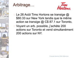Arbitrage… 
 Le 26 Août Tims Hortons se transige @ 
$80.33 sur New York tandis que la même 
action se transige @ C$ 87.1 sur Toronto, 
 Voyant un arb. possible, j’achète 200 
actions sur Toronto et vend simultanément 
200 actions sur NY. 
Produits Dérivés 4540 UMoncton 
 