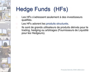 Hedge Funds (HFs) 
 Les HFs s’adressent seulement à des investisseurs 
qualifiés. 
 Les HFs adorent les produits structurés. 
 Ils sont de grands utilisateurs de produits dérivés pour le 
trading, hedging ou arbitrages (Fournisseurs de Liquidité 
pour les Hedgeurs). 
Produits Dérivés 4540 UMoncton 
 