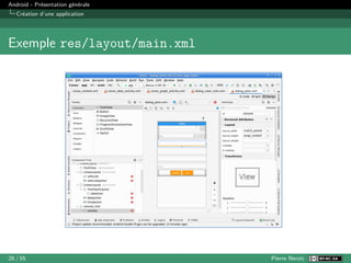 Android - Présentation générale
Création d’une application
Exemple res/layout/main.xml
28 / 55 Pierre Nerzic
 