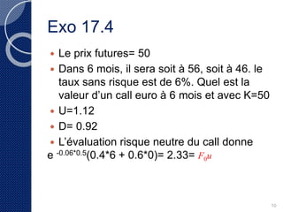 Exo 17.4 
 Le prix futures= 50$ 
 Dans 6 mois, il sera soit à 56, soit à 46. le taux sans risque est de 
6%. Quel est la valeur d’un call euro à 6 mois et avec K=50 
U=1.12 
D= 0.92 
 L’évaluation risque neutre du call donne 
 e -0.06*0.5(0.4*6 + 0.6*0)= 2.33 
10 
 