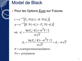 11 
Modèle de Black 
( 
 Pour les Options Euro sur Futures 
  
  
rT 
 
c  e F N d  
K N d 
( ) ( ) 
0 1 2 
p  e K N  d  F N  
d 
ln( F / K ) 2 T 
/ 2 
F K T 
ecartyperetoursurfutures 
 
Fo prixfutures 
d T 
T 
d 
T 
d 
rT 
 
  
 
 
 
 
 
 
 
 
 
 
 
1 
0 
2 
0 
1 
2 0 1 
ln( / ) 2 / 2 
où 
( ) ( ) 
 
