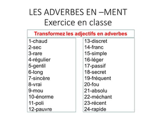LES ADVERBES EN –MENT
Exercice en classe
 