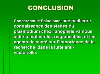 CONCLUSION

Concernant le Paludisme, une meilleure
connaissance des stades du
plasmodium chez l’anophèle va nous
aider à motiver les responsables et les
agents de santé sur l’importance de la
recherche dans la lutte anti-
vectorielle.
 