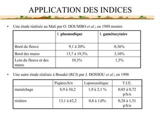 APPLICATION DES INDICES
•   Une étude réalisée au Mali par O. DOUMBO et al.; en 1989 montre
                              I. plasmodique            I. gamétocytaire


    Bord du fleuve                   9,1 à 20%                   0,36%
    Bord des mares                 13,7 à 19,3%                  3,10%
    Loin du fleuve et des             10,3%                      1,5%
    mares

•   Une autre étude réalisée à Bouaké (RCI) par J. DOSSOU et al.; en 1998

                            Piqûres/h/n        I.sporozoïtique        T.I.E.
    maraîchage                 8,9 à 10,2         1,9 à 2,1 %     0,05 à 0,72
                                                                     p/h/n
    rizières                   13,1 à 62,2        0,8 à 1,0%      0,28 à 1,51
                                                                     p/h/n
 