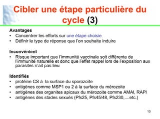 Cibler une étape particulière du
              cycle (3)
Avantages
• Concentrer les efforts sur une étape choisie
• Définir le type de réponse que l’on souhaite induire

Inconvénient
• Risque important que l’immunité vaccinale soit différente de
   l’immunité naturelle et donc que l’effet rappel lors de l’exposition aux
   parasites n’ait pas lieu

Identifiés
• protéine CS à la surface du sporozoïte
• antigènes comme MSP1 ou 2 à la surface du mérozoite
• antigènes des organites apicaux du mérozoite comme AMAl, RAPl
• antigènes des stades sexués (Pfs25, Pfs45/48, Pfs230,....etc.)


                                                                         10
 