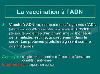 La vaccination à l’ADN

3. Vaccin à ADN nu, composé des fragments d’ADN
   (à l’exclusion de l’ADN responsable de la maladie) qui codent
   plusieurs protéines d’un organisme responsable
   de la maladie, est injecté directement dans le
   corps. Les protéines produites agissent comme
   des antigènes.

Avantages : simple, propre, moins coûteux et présentation
            durable d’antigènes
Inconvénients : risque d’un cancer
 