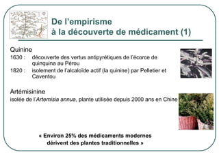 De l’empirisme
                 à la découverte de médicament (1)
Quinine
1630 :   découverte des vertus antipyrétiques de l’écorce de
         quinquina au Pérou
1820 :   isolement de l’alcaloïde actif (la quinine) par Pelletier et
         Caventou

Artémisinine
isolée de l’Artemisia annua, plante utilisée depuis 2000 ans en Chine




            « Environ 25% des médicaments modernes
               dérivent des plantes traditionnelles »
 