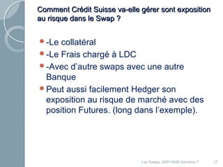 Comment Crédit Suisse va-elle ggéérreerr ssoonntt eexxppoossiittiioonn 
aauu rriissqquuee ddaannss llee SSwwaapp ?? 
-Le collatéral 
-Le Frais chargé à LDC 
-Avec d’autre swaps avec une autre 
Banque 
Peut aussi facilement Hedger son 
exposition au risque de marché avec des 
position Futures. (long dans l’exemple). 
Les Swaps, ADFI-4540 Semaine 7 17 
 