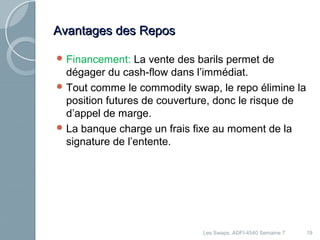 AAvvaannttaaggeess ddeess RReeppooss 
Financement: La vente des barils permet de 
dégager du cash-flow dans l’immédiat. 
Tout comme le commodity swap, le repo élimine la 
position futures de couverture, donc le risque de 
d’appel de marge. 
La banque charge un frais fixe au moment de la 
signature de l’entente. 
Les Swaps, ADFI-4540 Semaine 7 19 
 