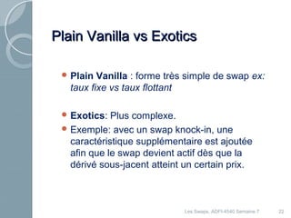 22 
PPllaaiinn VVaanniillllaa vvss EExxoottiiccss 
Plain Vanilla : forme très simple de swap ex: 
taux fixe vs taux flottant 
Exotics: Plus complexe. 
Exemple: avec un swap knock-in, une 
caractéristique supplémentaire est ajoutée 
afin que le swap devient actif dès que la 
dérivé sous-jacent atteint un certain prix. 
Les Swaps, ADFI-4540 Semaine 7 
 