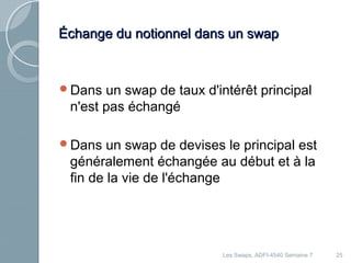 25 
ÉÉcchhaannggee dduu nnoottiioonnnneell ddaannss uunn sswwaapp 
Dans un swap de taux d'intérêt principal 
n'est pas échangé 
Dans un swap de devises le principal est 
généralement échangée au début et à la 
fin de la vie de l'échange 
Les Swaps, ADFI-4540 Semaine 7 
 