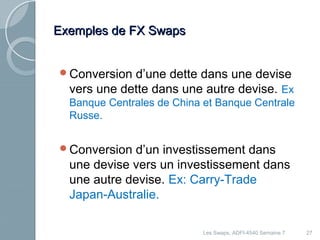 27 
EExxeemmpplleess ddee FFXX SSwwaappss 
Conversion d’une dette dans une devise 
vers une dette dans une autre devise. Ex 
Banque Centrales de China et Banque Centrale 
Russe. 
Conversion d’un investissement dans 
une devise vers un investissement dans 
une autre devise. Ex: Carry-Trade 
Japan-Australie. 
Les Swaps, ADFI-4540 Semaine 7 
 