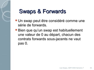 30 
SSwwaappss && FFoorrwwaarrddss 
Un swap peut être considéré comme une 
série de forwards. 
Bien que qu’un swap est habituellement 
une valeur de 0 au départ, chacun des 
contrats forwards sous-jacents ne vaut 
pas 0. 
Les Swaps, ADFI-4540 Semaine 7 
 