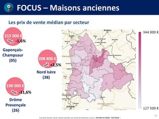 Tous droits réservés. Courtes citations autorisées sous réserve de mentionner la source « NOTAIRES DE FRANCE - BDD PERVAL ».
Les prix de vente médian par secteur
FOCUS – Maisons anciennes
13
Gapençais-
Champsaur
(05)
Drôme
Provençale
(26)
190 000 €
215 000 €
Nord Isère
(38)
208 800 €
-11,6%
-1,6%
+2,5%
 